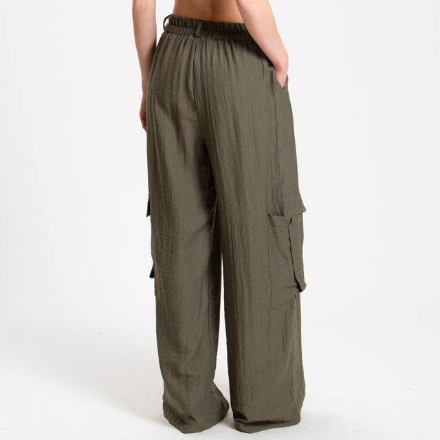 Haveone-Pantalone cargo misto lino con elastico - militare