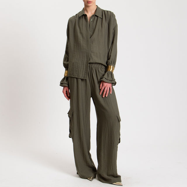 Haveone-Pantalone cargo misto lino con elastico - militare