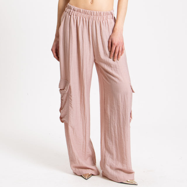Haveone-Pantalone cargo misto lino con elastico - cipria