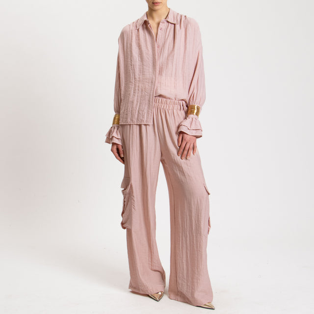 Haveone-Pantalone cargo misto lino con elastico - cipria