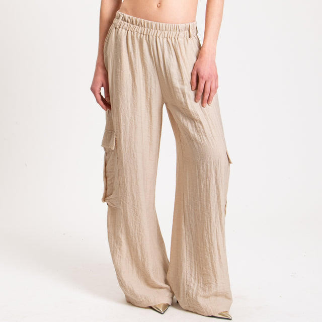 Haveone-Pantalone cargo misto lino con elastico - sabbia