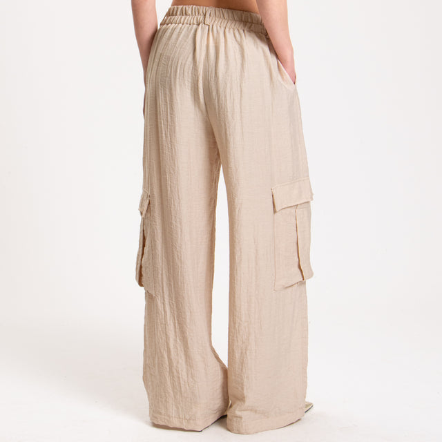 Haveone-Pantalone cargo misto lino con elastico - sabbia
