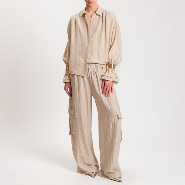 Haveone-Pantalone cargo misto lino con elastico - sabbia