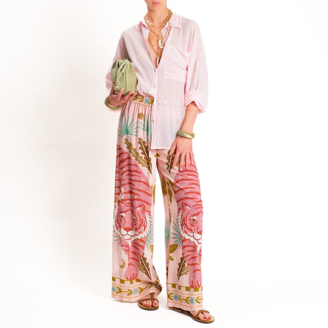 Haveone-Pantalone fantasia tigri elastico in vita - rosa/acqua/olio