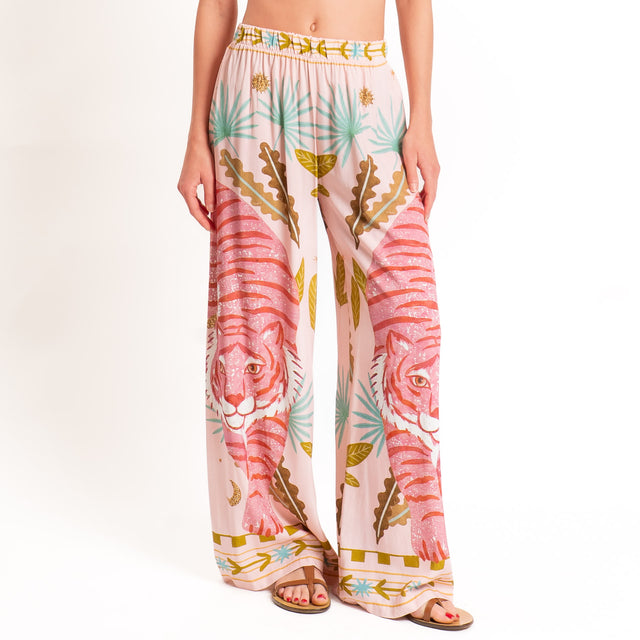 Haveone-Pantalone fantasia tigri elastico in vita - rosa/acqua/olio