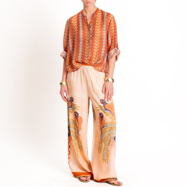 Haveone-Pantalone fantasia pavoni elastico in vita - tabacco/olio/azzurro