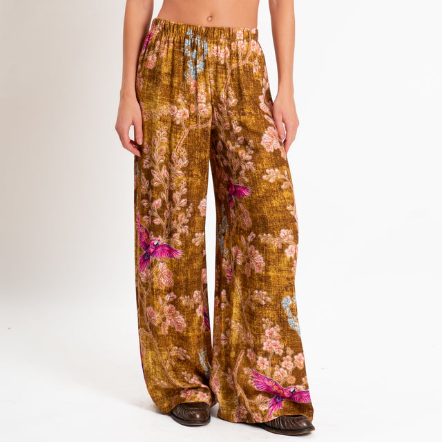 Haveone-Pantalone fantasia pappagalli elastico in - olio/cipria/fucsia