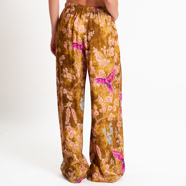 Haveone-Pantalone fantasia pappagalli elastico in - olio/cipria/fucsia