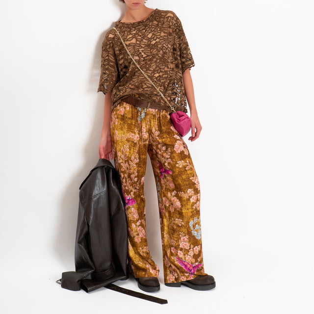 Haveone-Pantalone fantasia pappagalli elastico in - olio/cipria/fucsia
