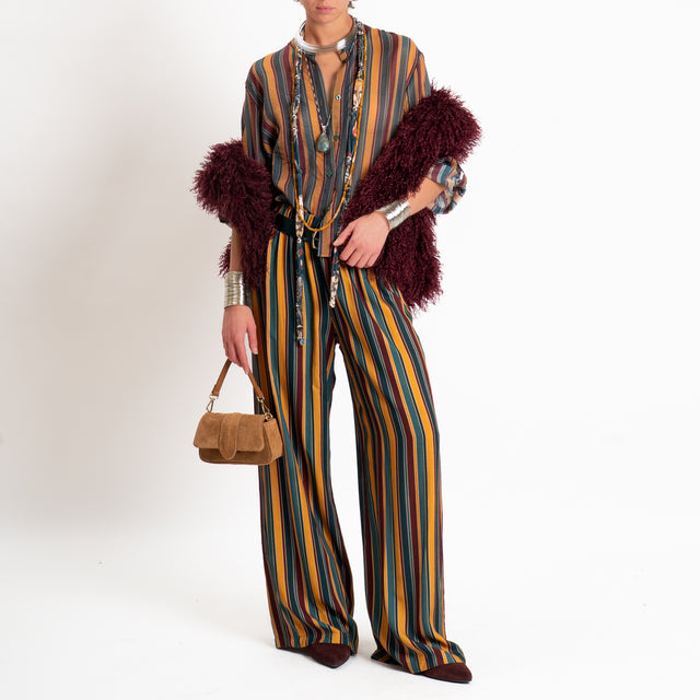 Haveone-Pantalone a righe elastico in vita - verde/bordeaux/cuoio