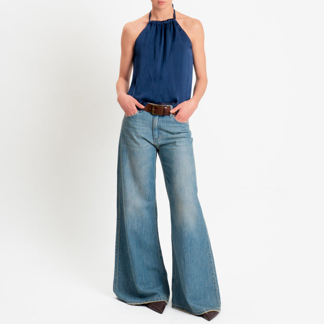 Haveone-Top misto seta spacco dietro - blu