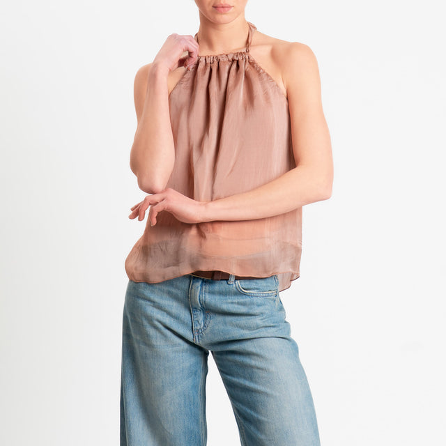 Haveone-Top misto seta spacco dietro - caramello