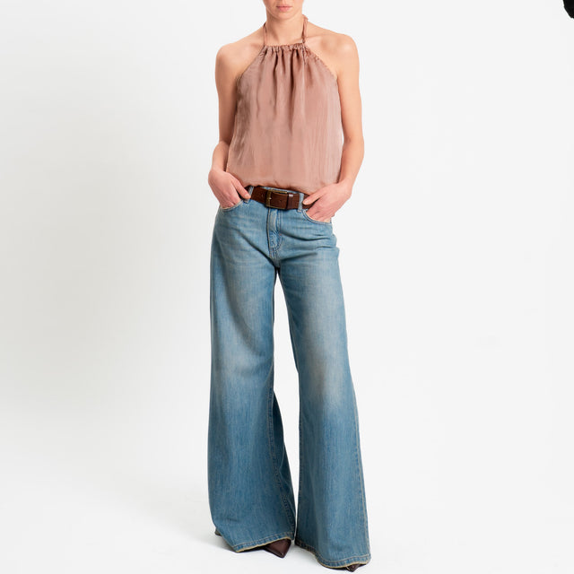 Haveone-Top misto seta spacco dietro - caramello