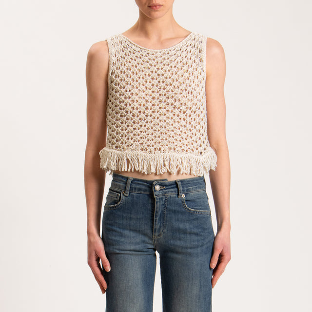 Haveone-Top in maglia crochet con frange - burro