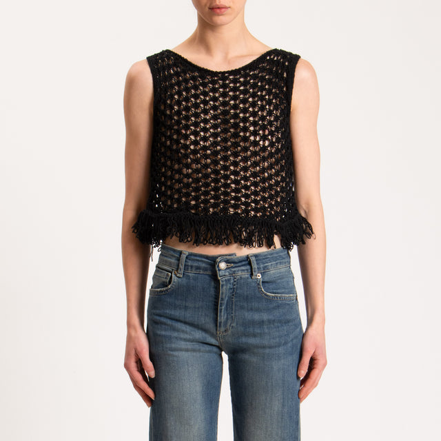 Haveone-Top in maglia crochet con frange - nero