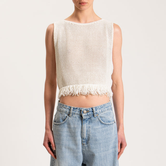 Haveone-Top in maglia crochet con frange - bianco