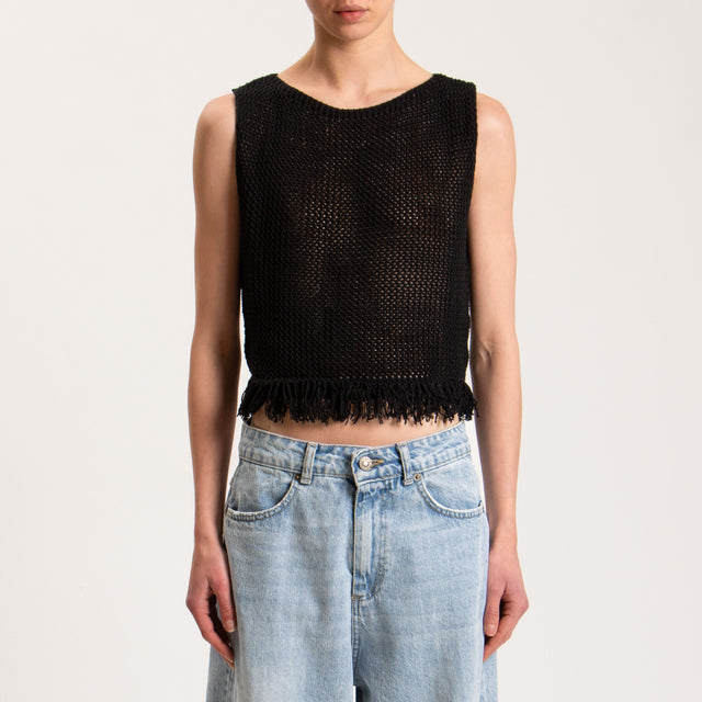 Haveone-Top in maglia crochet con frange - nero