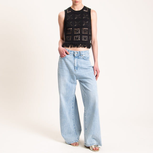 Haveone-Top crochet con frange - Nero
