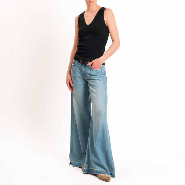 Haveone-Top a costine doppio scollo v - nero