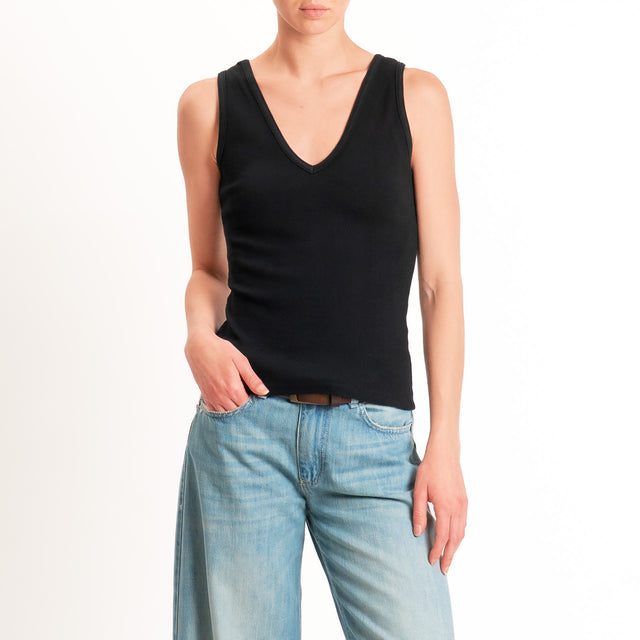 Haveone-Top a costine doppio scollo v - nero