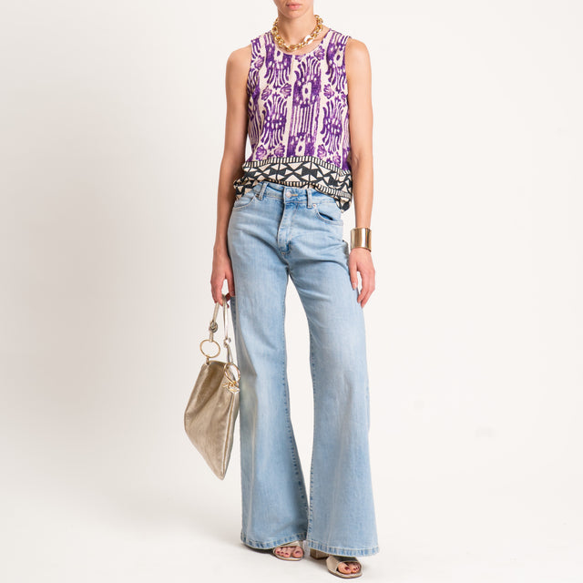Haveone-Top fantasia etnica bottone dietro - sand/viola/nero