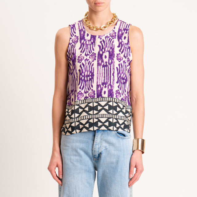 Haveone-Top fantasia etnica bottone dietro - sand/viola/nero
