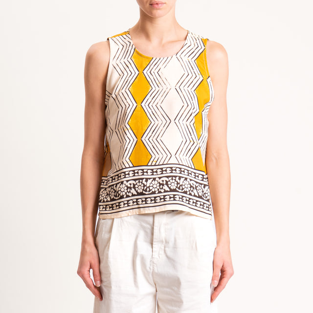 Haveone-Top fantasia geometrica bottone dietro - burro/senape/moro