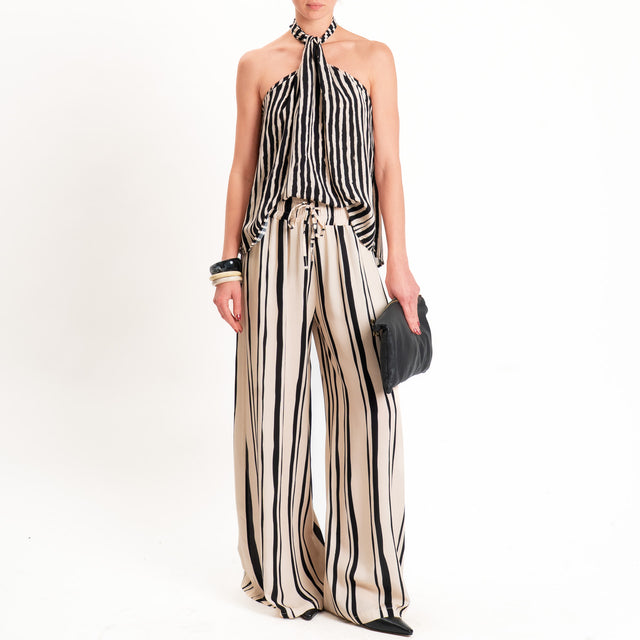 Haveone-Top fantasia righe scollo dietro - sand/nero