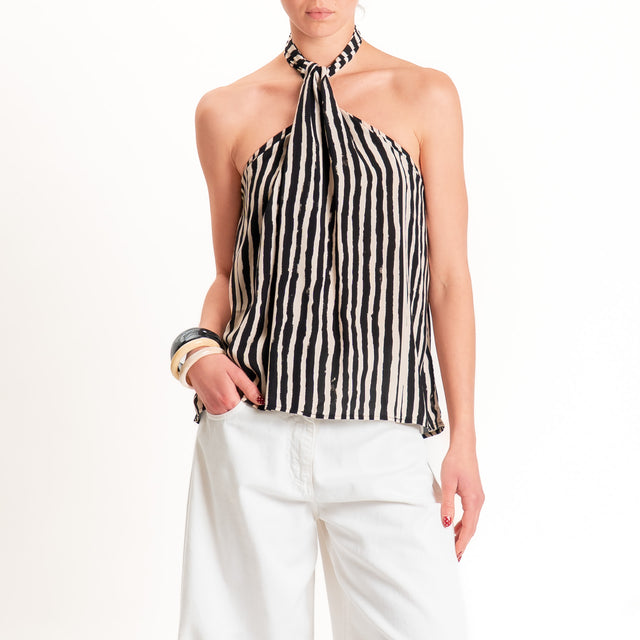 Haveone-Top fantasia righe scollo dietro - sand/nero