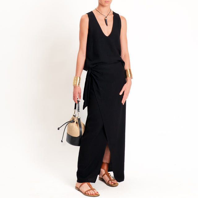 Haveone-Top goffrato doppio scollo v - nero