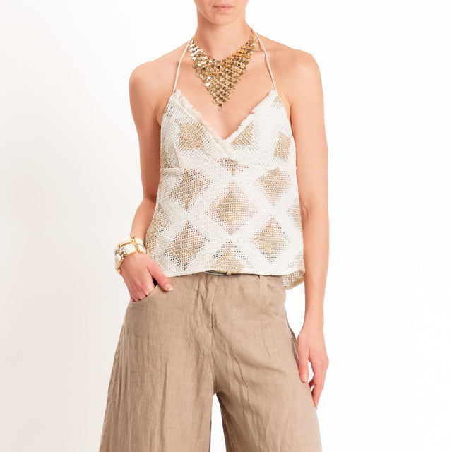 Haveone-Top traforato fantasia rombi con lurex - burro/oro