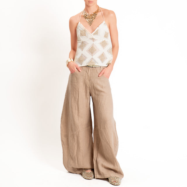Haveone-Top traforato fantasia rombi con lurex - burro/oro