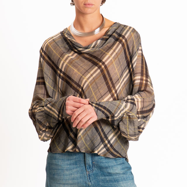 Haveone-Blusa check manica scesa - grigio/moro/beige