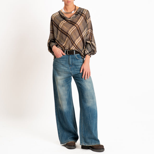 Haveone-Blusa check manica scesa - grigio/moro/beige