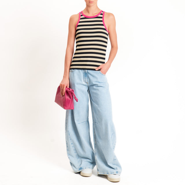 Haveone-Top a righe bordi contrasto cotone ricicla - fucsia/burro/nero