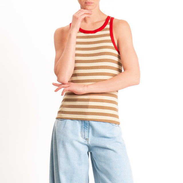 Haveone-Top a righe bordi contrasto cotone ricicla - rosso/burro/tabacco