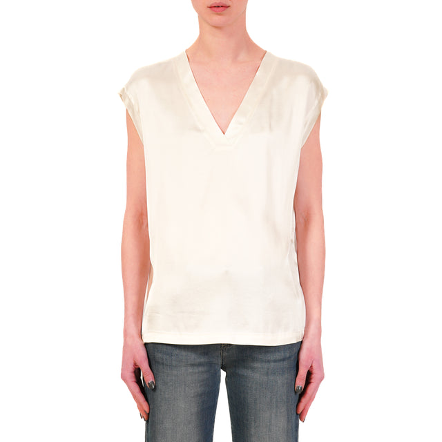 Haveone-Blusa satin scollo v elasticizzata - burro