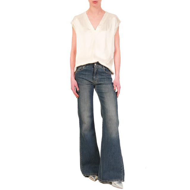 Haveone-Blusa satin scollo v elasticizzata - burro