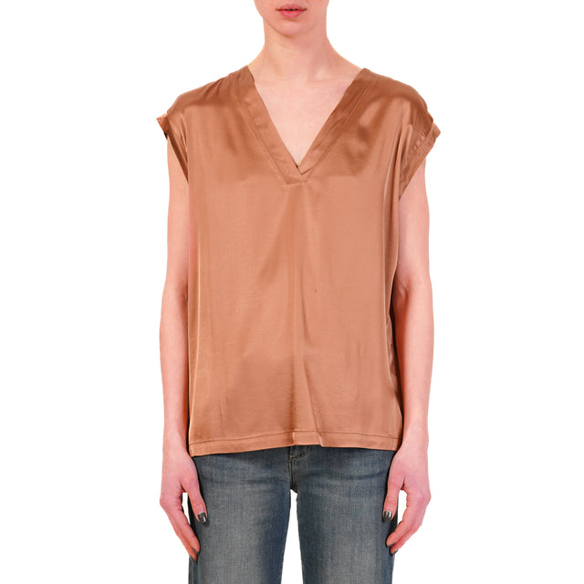 Haveone-Blusa satin scollo v elasticizzata - castagna