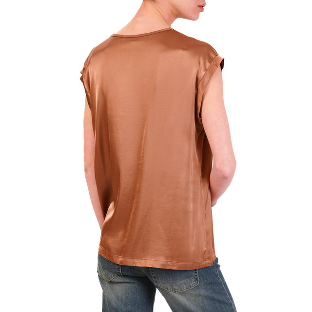 Haveone-Blusa satin scollo v elasticizzata - castagna