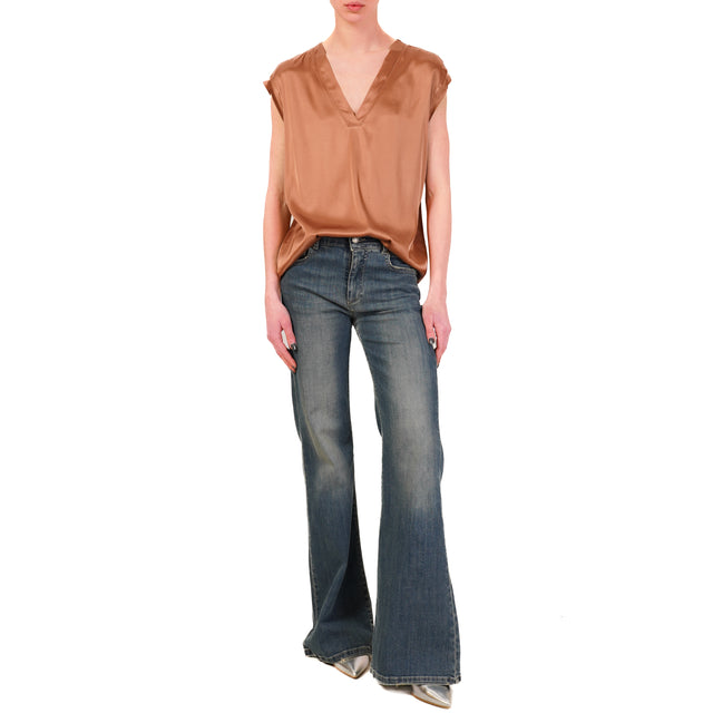 Haveone-Blusa satin scollo v elasticizzata - castagna