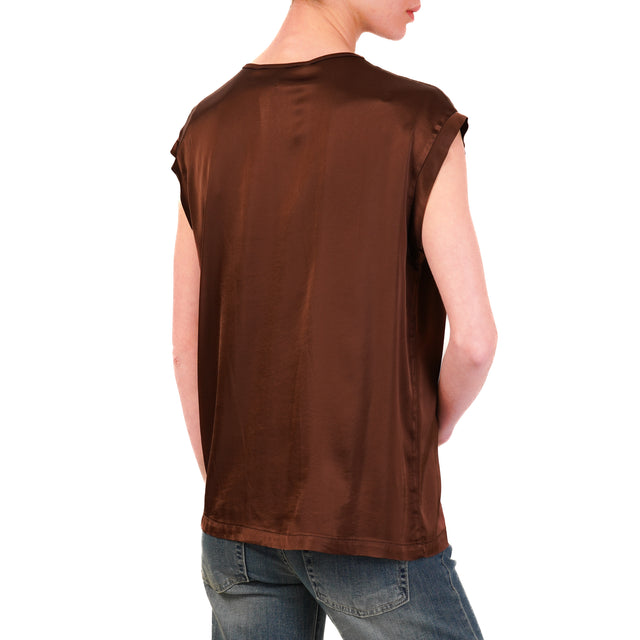Haveone-Blusa satin scollo v elasticizzata - choco