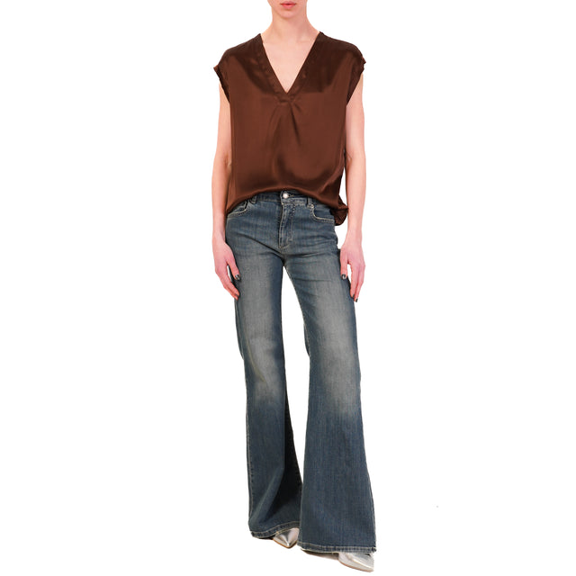 Haveone-Blusa satin scollo v elasticizzata - choco