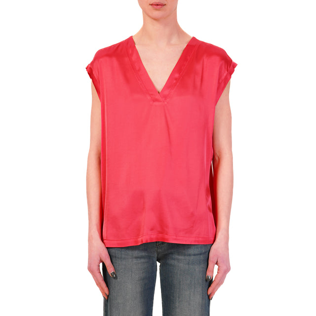 Haveone-Blusa satin scollo v elasticizzata - fragola