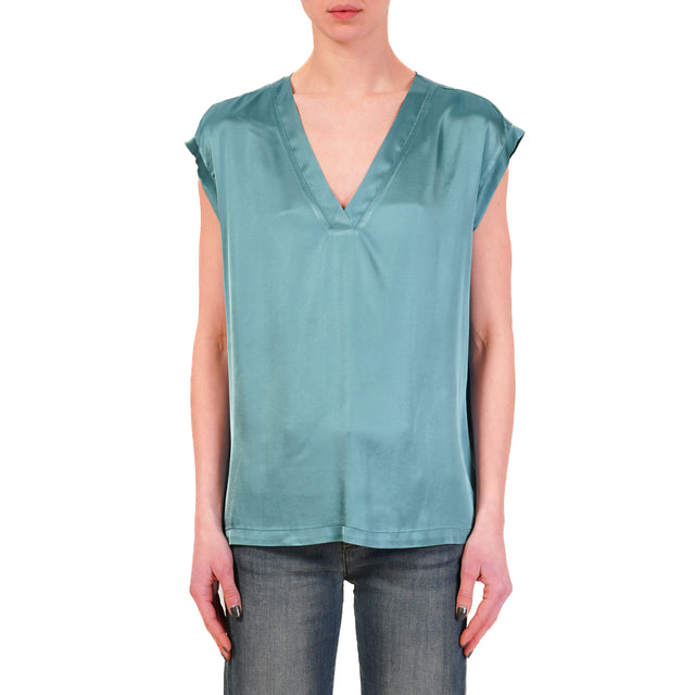 Haveone-Blusa satin scollo v elasticizzata - ottanio