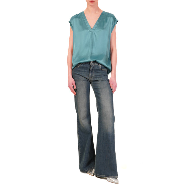 Haveone-Blusa satin scollo v elasticizzata - ottanio
