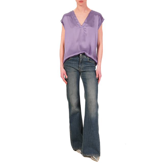 Haveone-Blusa satin scollo v elasticizzata - pervinca