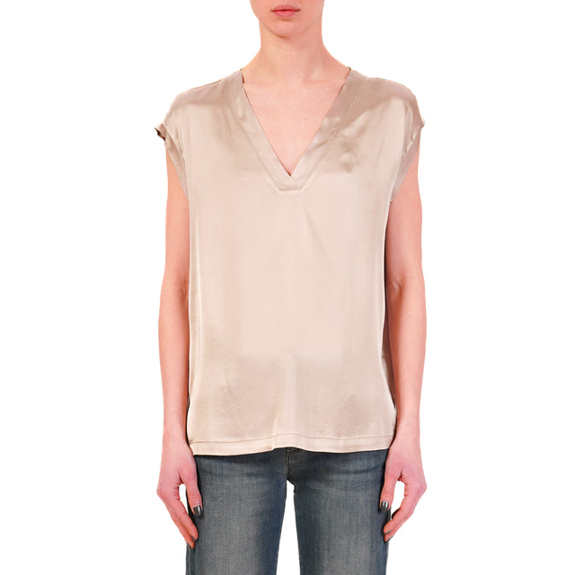 Haveone-Blusa satin scollo v elasticizzata - taupe