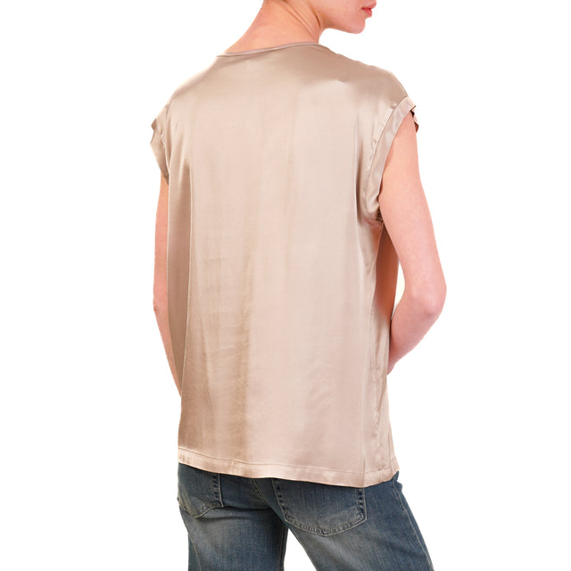 Haveone-Blusa satin scollo v elasticizzata - taupe