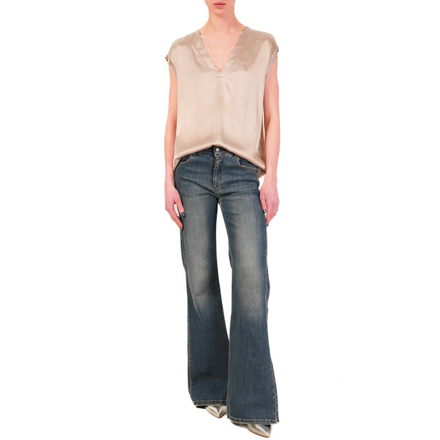 Haveone-Blusa satin scollo v elasticizzata - taupe
